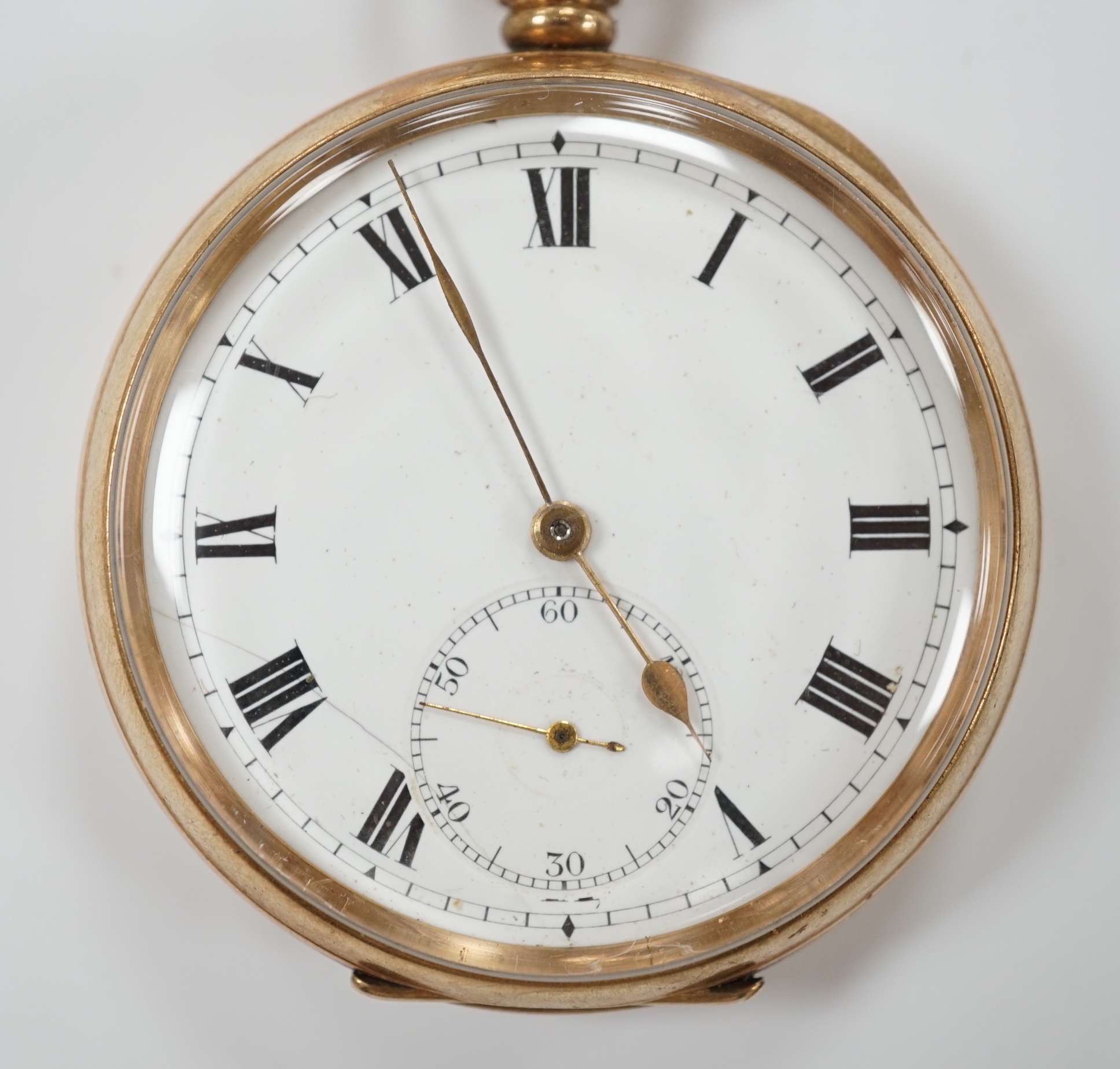 A George V 9ct gold open face keyless pocket watch, case diameter 48mm, gross weight 87.4 grams.